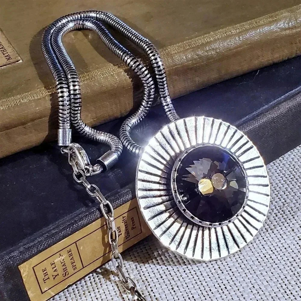 Smoke Gray Czech Crystal Stone Mid Century Style Round Silver Pendant Necklace